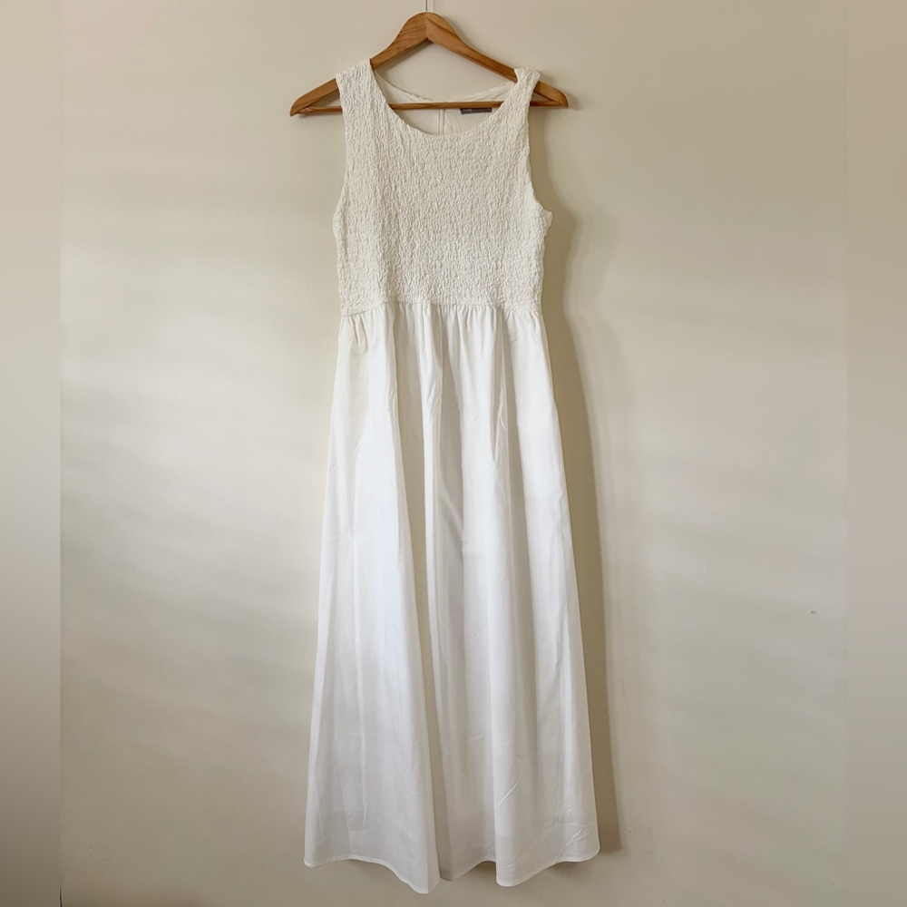 Sleeveless off White Maxi Dress with Smocked Bodice S